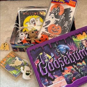Spooky Goosebumps Halloween Vintage Party Supplies set in a tin